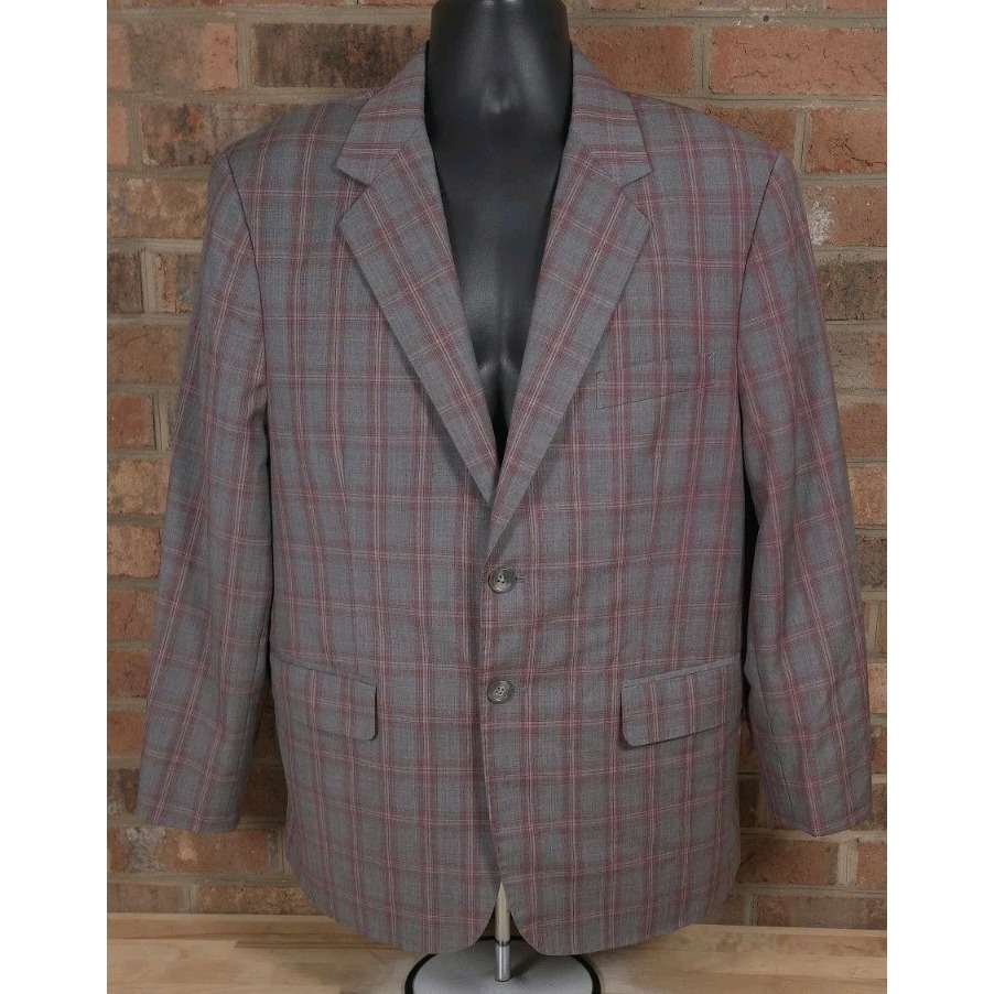 Bespoke 42r Marzoni Italy Wool Gray Red Plaud Jacket Blazer Sport Coat 2 Button